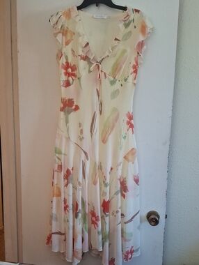 All in Favor Cream Midi Dress with Coral & Green Watercolor Floral